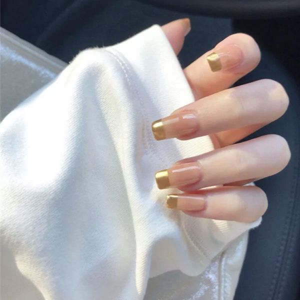 

false nails 24pcs fashionable gold french square head fake lasting healthy long full cover nail pieces with glue daily wear, Red;gold