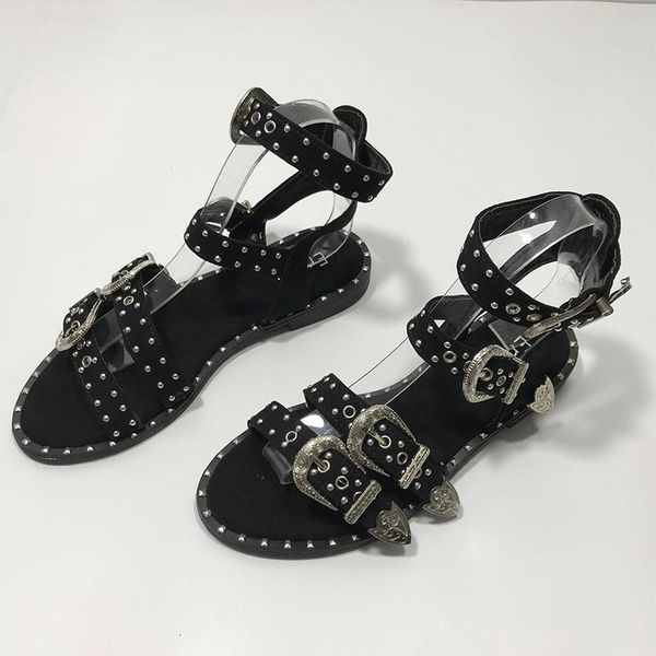 

women's rivets sandals cool girl metal decoration women shoes buckle strap open toe flats heel ladies female fashion, Black