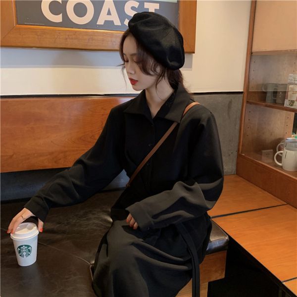 

casual dresses cmaz autumn and winter korean style overknee mid-length shirt dress 3827, Black;gray
