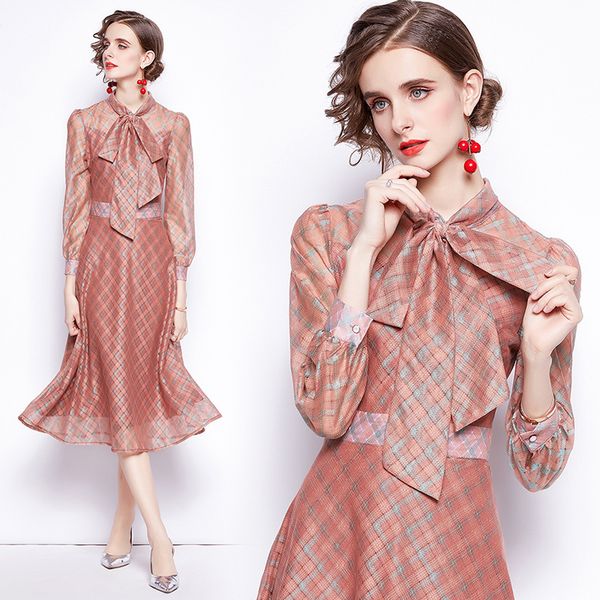 

luxury fashion runway plaid bow dress 2021 designer long sleeve mock neck printed office holiday prom slim a-line midi dresses autumn winter, Black;gray