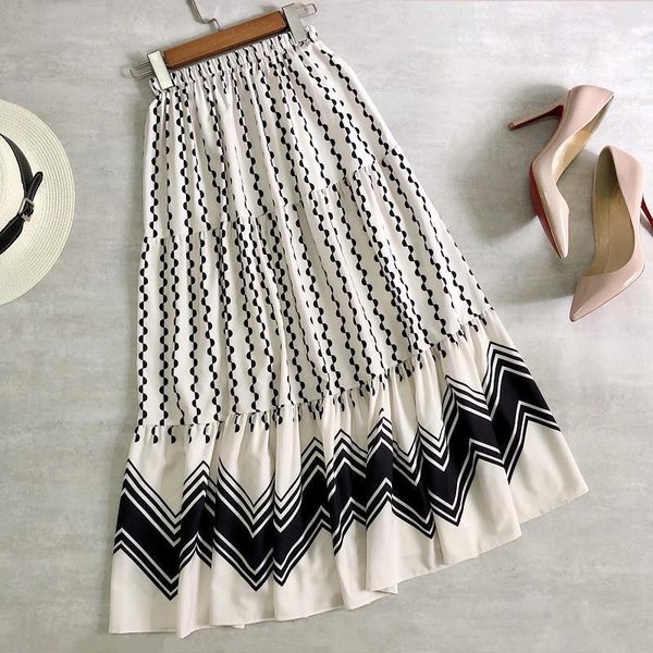 

spring summer midi polka dots women skirts patchwork cake high waist elegant a line long bohemian style, Black