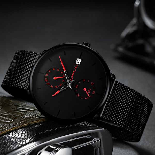 

2022new crrju fashion mens watches brand luxury quartz watch men casual slim mesh steel waterproof sport watch relogio masculi2152, Slivery;brown