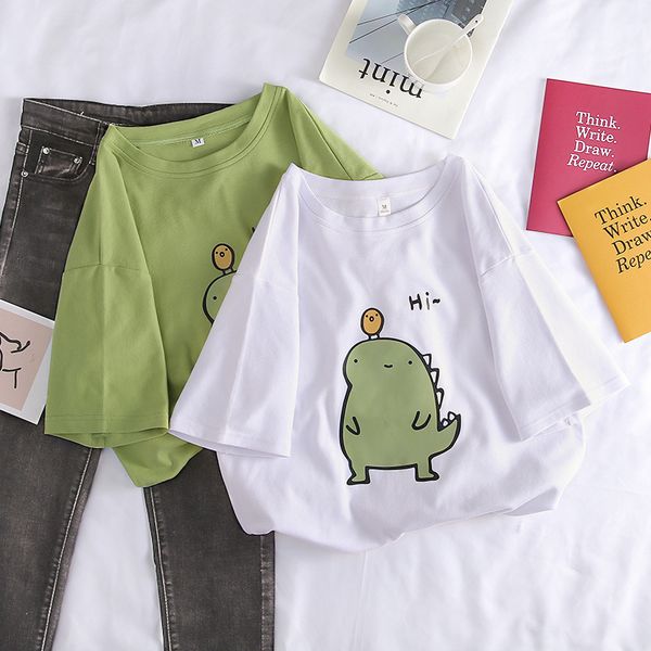 

cotton short sleeve t-shirt women's summer 2021 new loose style cec super fire student round neck printing half sleeve green fashion, White