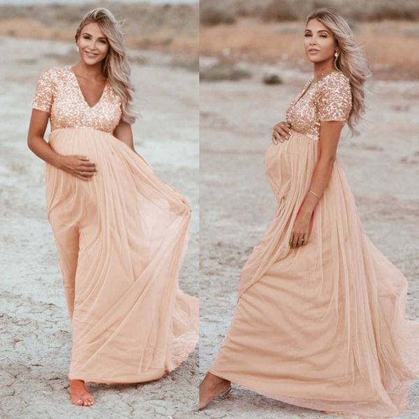 Mulher grávinas de maternidade fotografia adereços de manga curta lantejoulas vestido sólido maternidade vestidos para foto shoot y0924