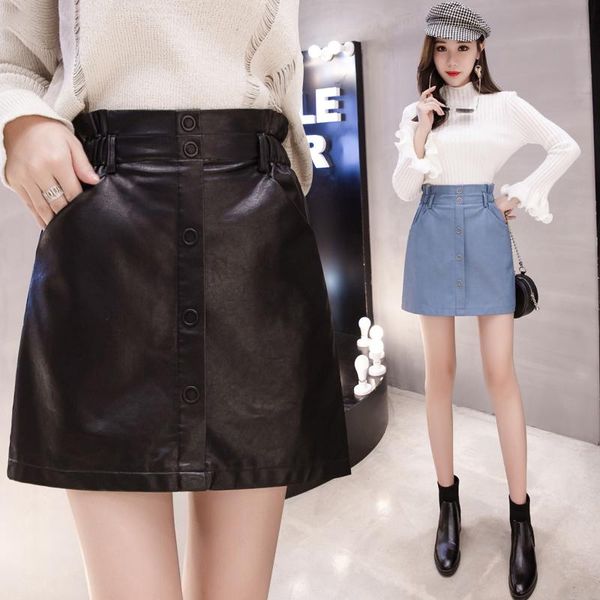 

skirts faux leather women 2021 high waist single breasted mini skirt female autumn winter solid a-line pu with lining, Black