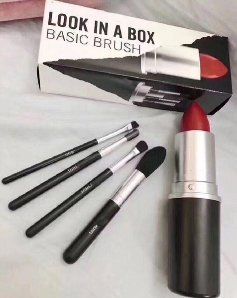 

dhl makeup brand look in a box basic brush 4pcs/set brushes set with big lipstick shape holder make-up tools good item