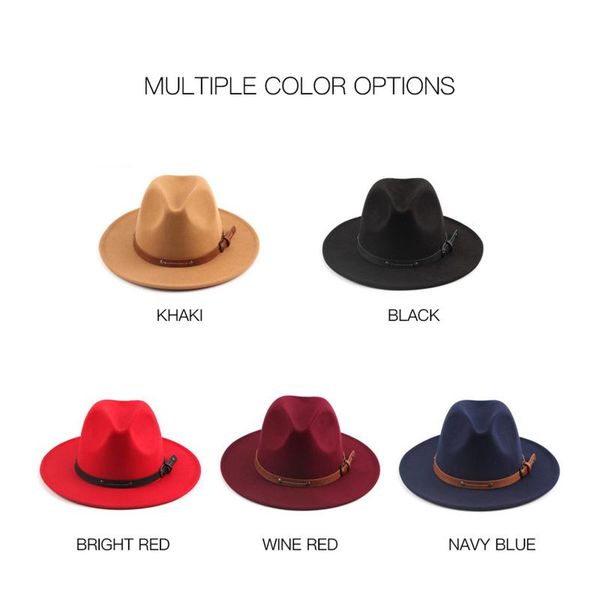 

wide brim hats british style autumn and winter woollen elegant fedora with decorative belt for women men 5 colors, Blue;gray