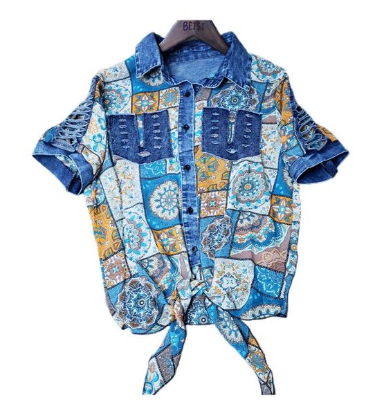 

women's blouses & shirts chiffon patchwork denim women short sleeve floral cut out shoulder, White