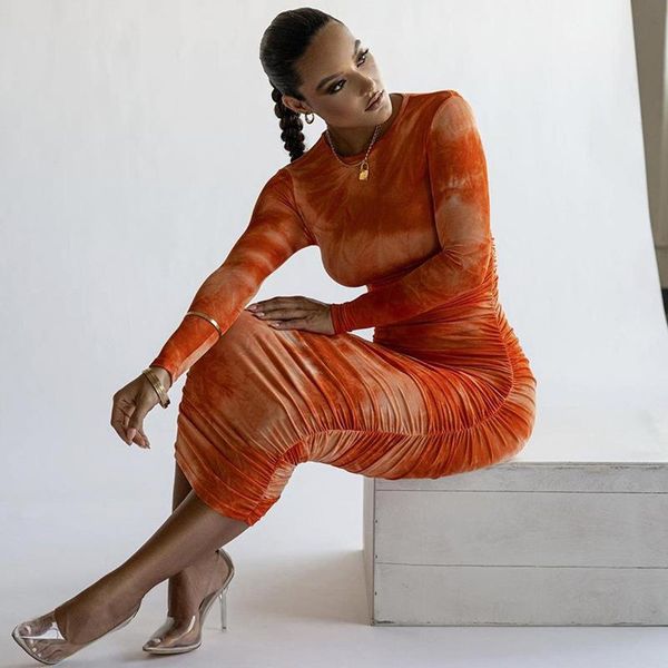 

jenniferkiss 2021 autumn winter printing dyeing pleated fashion long dress women sleeve bodycon lady high street casual dresses, Black;gray