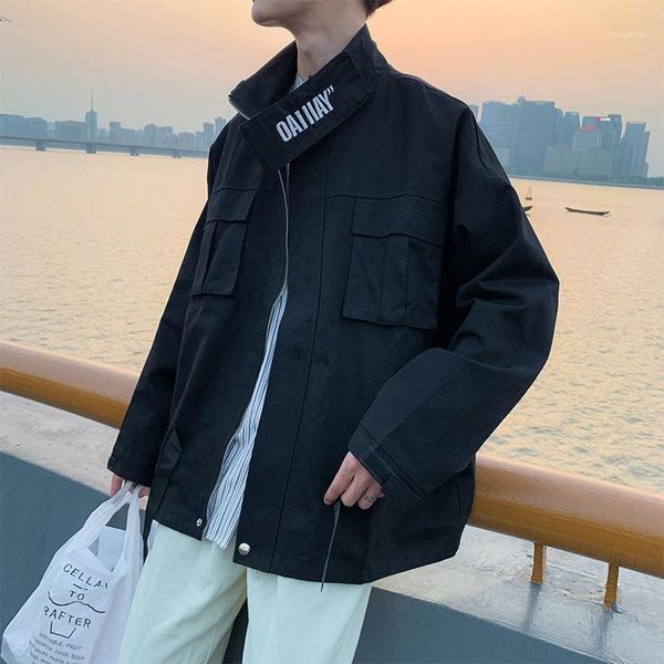 

men's jackets stand-up collar jacket fashion casual sports embroidered letters multi-pocket coat all-match short male clothes, Black;brown