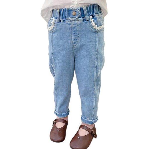 

baby girl jeans lace flower casual style autumn winter toddler kid clothes, Blue