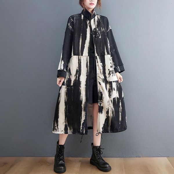 

women's trench coats 2021 autumn winter oversized turtleneck long women coat drawstring casual loose vintage print outerwear cardigan j, Tan;black