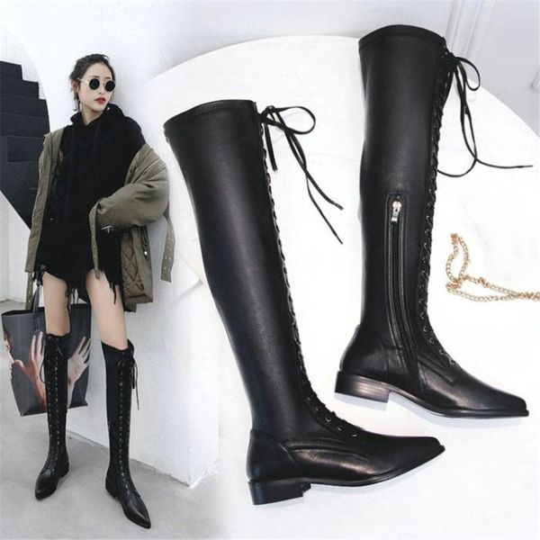 

boots nayiduyun thigh high women black cow leather lace up knee riding booties low heel tall shaft punk sneaker oxfords