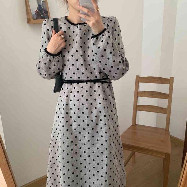 

dresses women french retro dot o-neck flat loose gentle full sleeves elegant long chic female fashion clothe, Black;gray