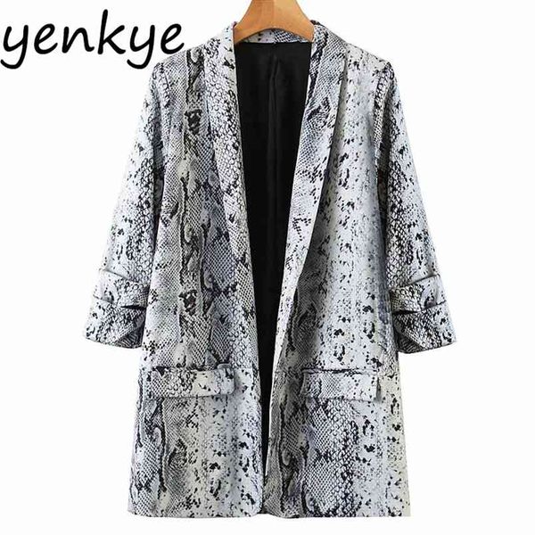 Impressão de Snake Vintage Mulheres Blazer Roll-up Manga Longa V Pescoço Wear Wear Wear Office Blazers Moda Ternos Casaco Feminino Plus Size 210514