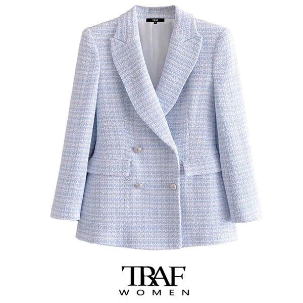 

traf za women fashion double breasted tweed check blazer coat vintage long sleeve pockets female outerwear chic veste 211019, White;black