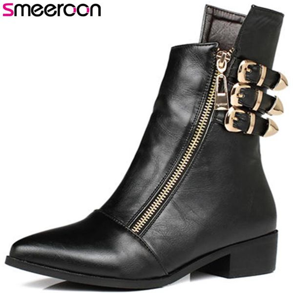 

boots smeeroon 2021 arrival fashion style utumn low hee ankle pu leather big size 34-43, Black