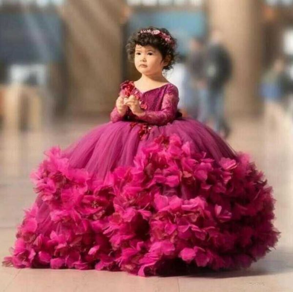 

girl's dresses 2022 puffy flower girls 3d applique v neck long sleeve kids teens pageant birthday party for wedding cooktail gown, Red;yellow