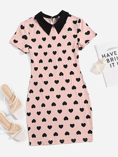 

heart print contrast collar bodycon dress she, Black;gray