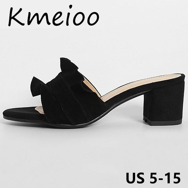

kmeioo size us 5-15 women sandals fashion ruffles slippers block heels slip on loafers pleated ladies dress casual shoes, Black