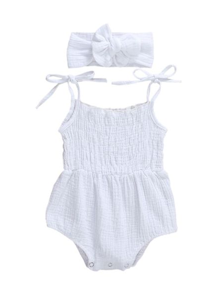 

baby girls summer clothes cotton linen sleeve romper headband jumpsuit for born playsuit po props infant outfit clothing sets, White