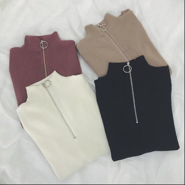 

zipper turtleneck solid skinny women sweaters elastic knitted full sleeve pullovers soft femme jumper autumn, White;black