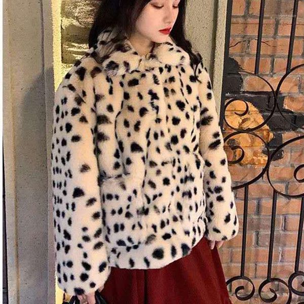 

women's fur & faux korean loose leopard short furry coats print reversible plush thick jacket fashion turn-down collar outwear, Black