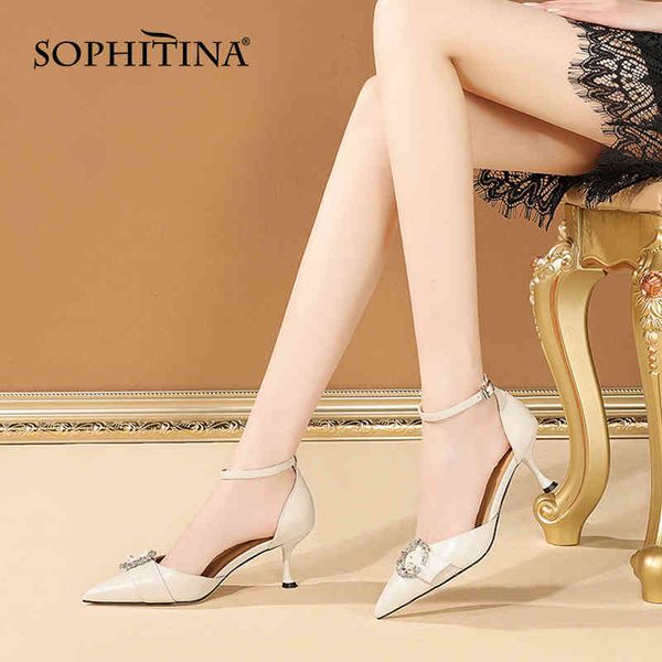 

sophitina cover heel women's sandals party pointed shoes fashion stiletto handmade genuine leather female shoes ao735 210513, Black
