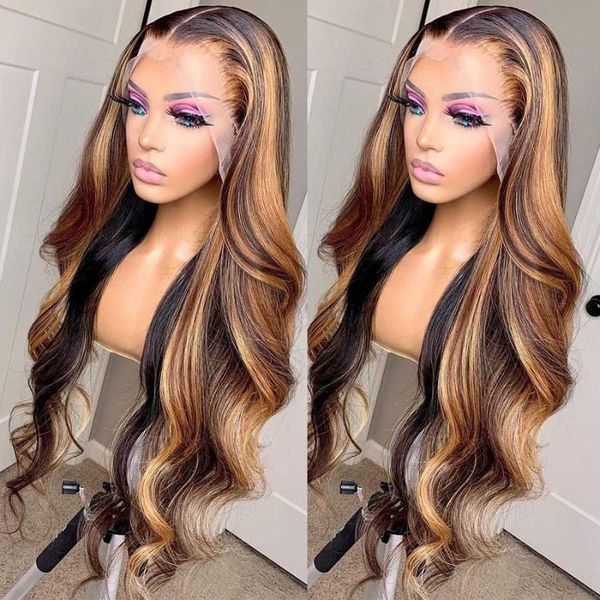

lace wigs highlight transparent brazilian body wave wig honey blonde 28" 13x6 front 180% virgin way human hair, Black;brown