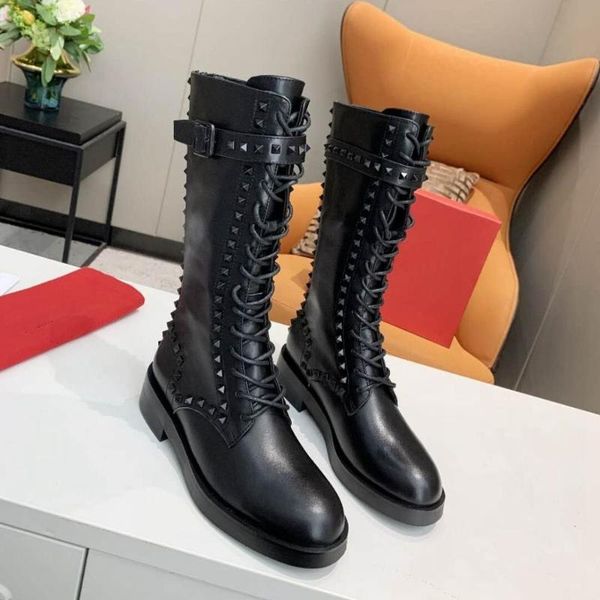 

design women luxury mid calf boots fashion rivets studed lace up runway low heels motorcycle for shoes, Black