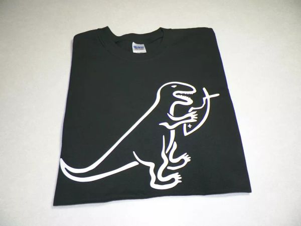 

Atheist Dinosaur eating Jesus fish Evolution T shirt Darwin, White;black