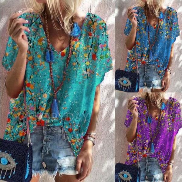 

women's t-shirt v-neck pullover loose print short sleeve wear base shirt ktmf, White