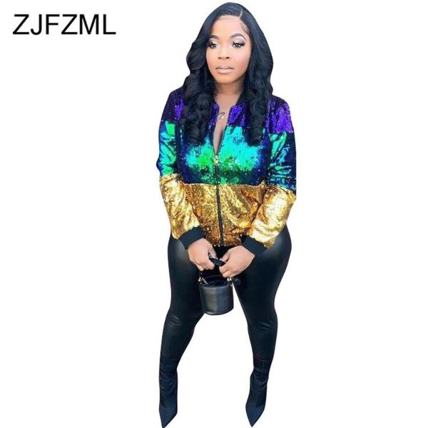 Roxo Verde Dourado Cor Block Patchwork Jaqueta Feminina com Zíper Frente Manga Longa Casaco Slim Fit Streetwear Night Club Party Outwear Feminino Jacket