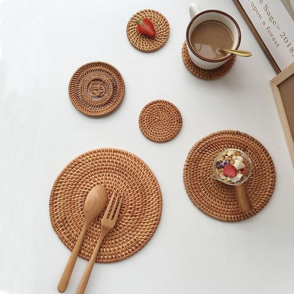 

mats & pads 8/10/13cm rattan bamboo coasters round table padding natural bowl cup mat hand-made insulation placemats kitchen tools