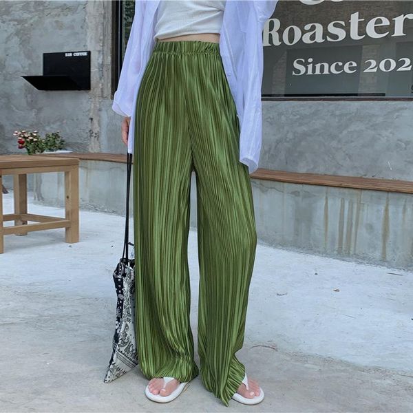 

women's pants & capris johnature vintage women folds full length 2021 summer casual fashion solid color elastic waist loose wide leg, Black;white