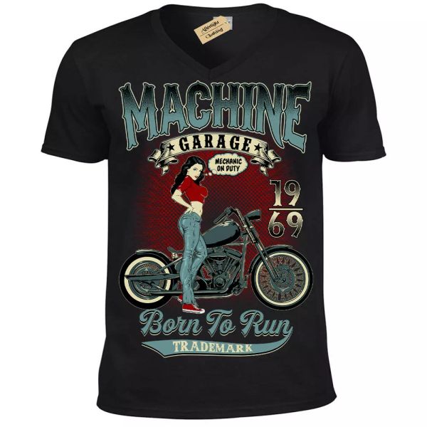 

mÃ¡quina garaje camiseta pinup motero hombre cuello en v, White;black