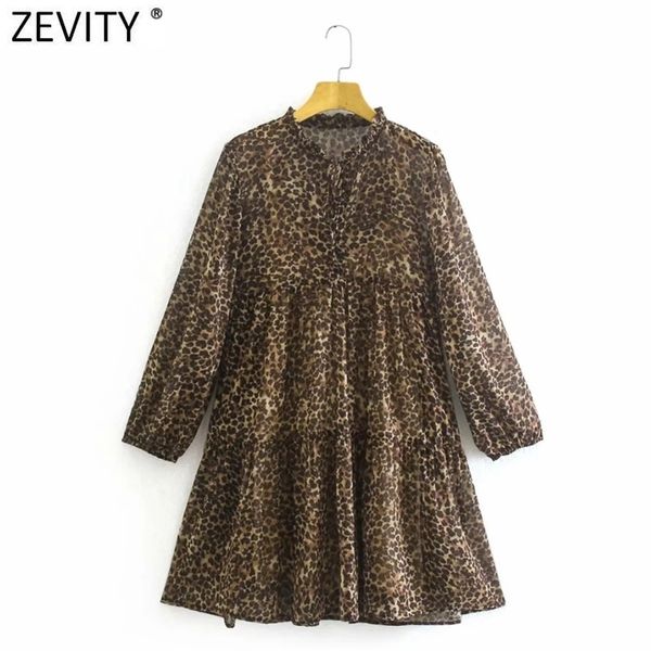 

women vintage lace up o neck leopard print chiffon mini shirt dress female chic pleat ruffles casual party vestido ds8151 210416, Black;gray
