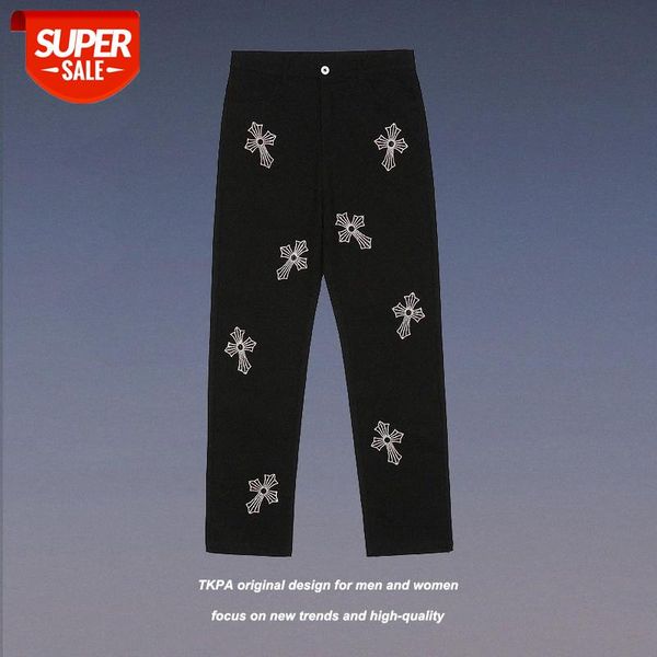 

tkpa cross diamond pants loose straight men's and women's punk rock style casual #9u1t, Black