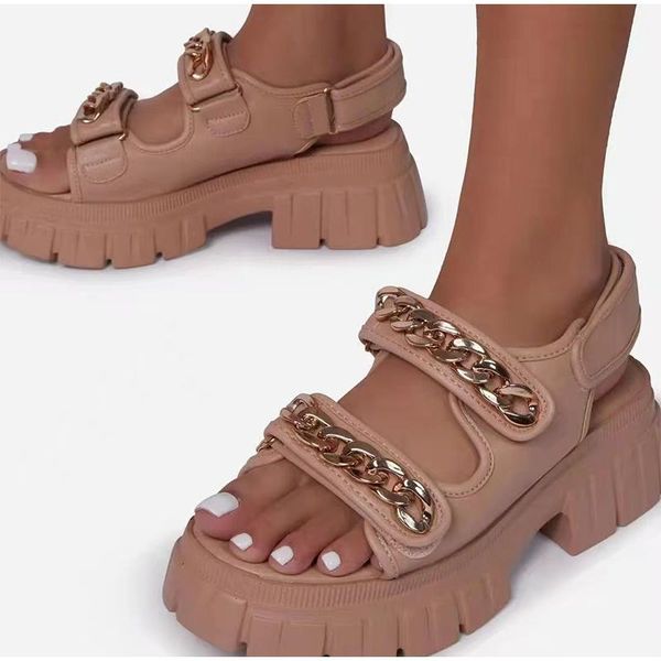 

sandals hook loop women's metal chain platform shoes female thick bottom chunky heels summer ladies footwear plus size, Black