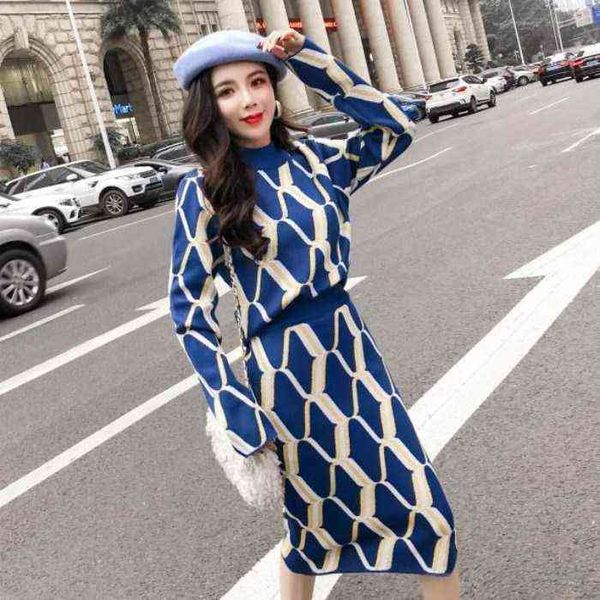 

winter women geometric pattern knitted sweater suits 2 piece set + elastic waist knee bodycon pencil skirts set 211119, White