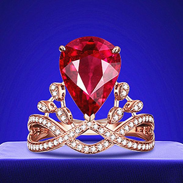 

cluster rings fashion red crystal ruby gemstones diamonds crown for women rose gold color jewelry bague bijoux lover ring party gifts, Golden;silver