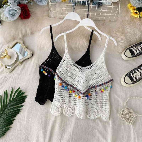

summer bohemian ethnic style hollow women tank knit rainbow tassel color ball camisole coat small shirt, White