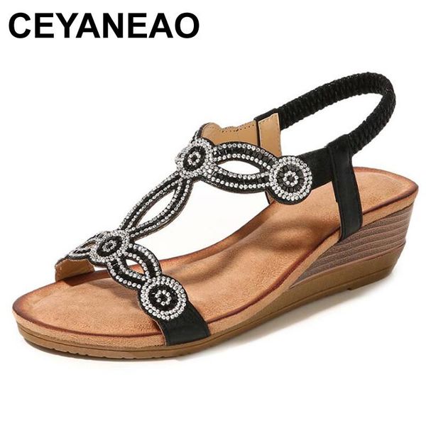 

bohemian wedge sandals with rhinestones; women's fashion sandals; big sizes; european sizes 35-43, Black