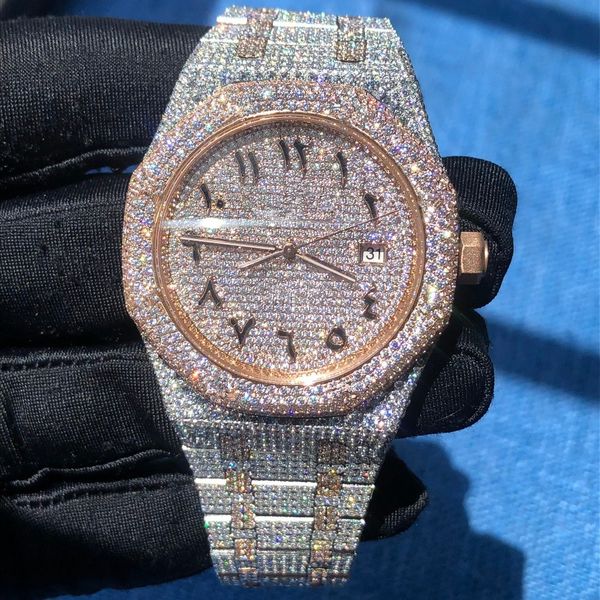 

arabic dial watch diamond v2 versions iced out watch automatic 41mm silver rose gold two tone waterproof 904l stainless set cz, Slivery;brown