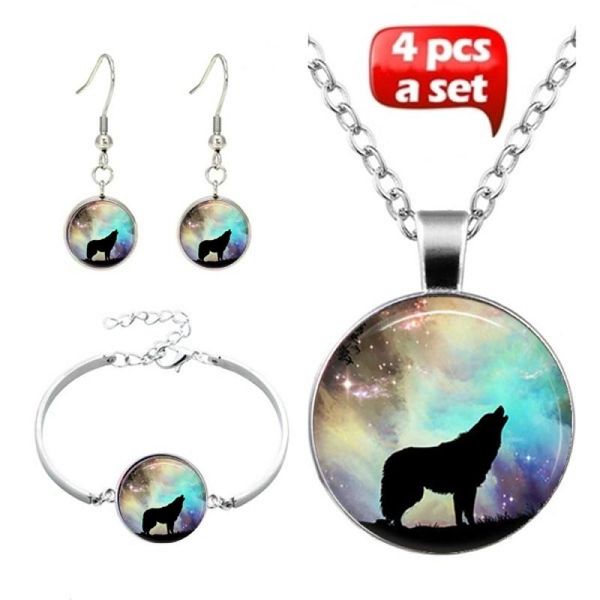 

earrings & necklace 4pcs/set fashion handmade glass witchcraft howl wolf animal pendant choker bracelet for women jewelry, Silver