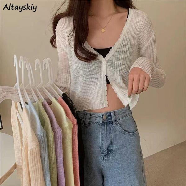 

women's knits & tees cardigan women slim summer knitting trendy female solid crops single button harajuku v-neck student thin sun-proof, White