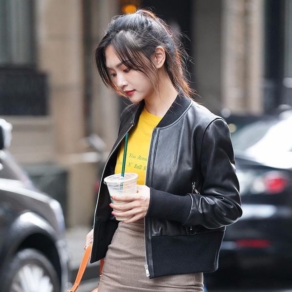 

women's leather & faux genuine jacket women real sheepskin coat short baesball jackets chaqueta mujer py-01 yy427, Black