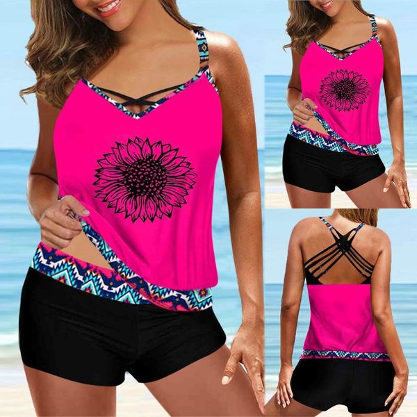 

women's swimwear 2021 bikini set padded tankini printed large digital print suspender beach split swimsuit#g, White;black