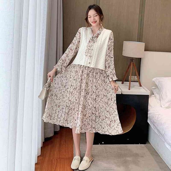 

retro chiffon floral dress female long-sleeved autumn is thin temperament long skirt lace-up 210429, Black;gray