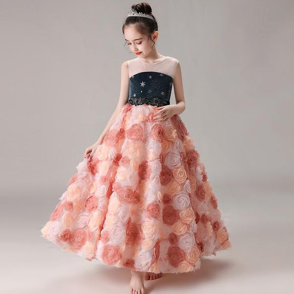 

flower girl dresses illusion sleeveless appliques crystal beading tulle lace luxury princess floor-length kids party gown h330 girl's, Red;yellow